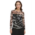 Womens Printed Mesh Ruched Long-Sleeve Top
