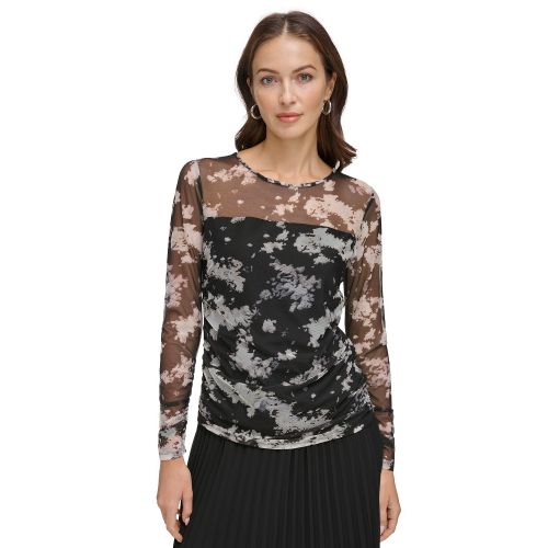 DKNY Womens Printed Mesh Ruched Long-Sleeve Top