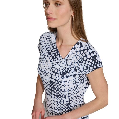 DKNY Womens Printed Asymmetric-Neck Short-Sleeve Top