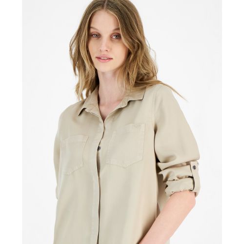 DKNY Womens Roll-Tab-Sleeve Button-Front Top