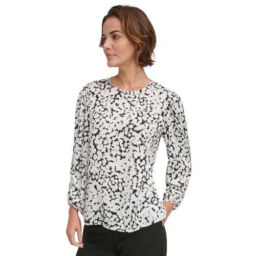 DKNY Womens Printed Ruched-Sleeve Crewneck Blouse