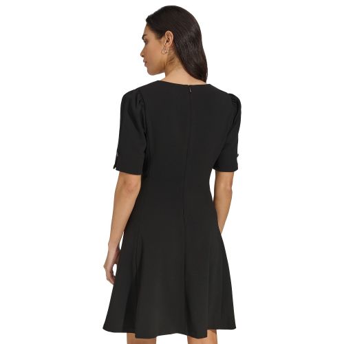 DKNY Womens Draped-Front Puff-Shoulder A-Line Dress