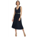 Womens Pleated Belted Midi Dress