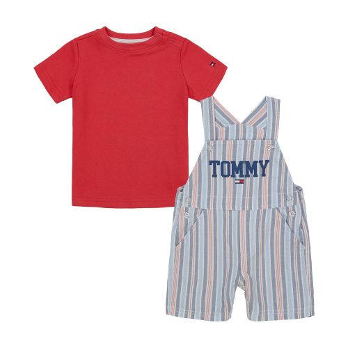 타미힐피거 Baby Boys Short Sleeve Solid T-shirt and Oxford Stripe Shortalls Set