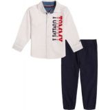 Toddler Boys Denim-Trim Button-Front Logo Shirt and Sueded Twill Joggers Set, 2 Piece