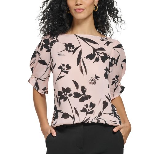 DKNY Petite Printed Puff-Sleeve Boat-Neck Blouse