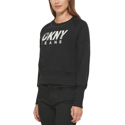 DKNY Womens Studded Crewneck Metallic Logo Sweatshirt