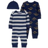 Baby Boys Footless Coveralls and Hat 3 Piece Set