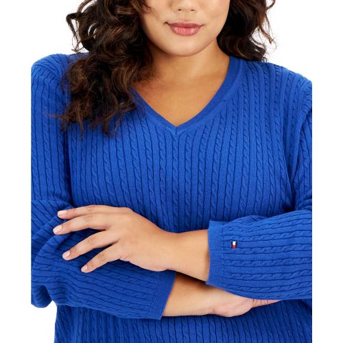 타미힐피거 Plus Size Cable-Knit V-Neck Ivy Sweater