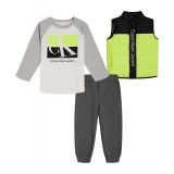 Little Boys Raglan Sleeve Logo T-shirt Colorblock Puffer Vest and Fleece Joggers 3 Piece Set