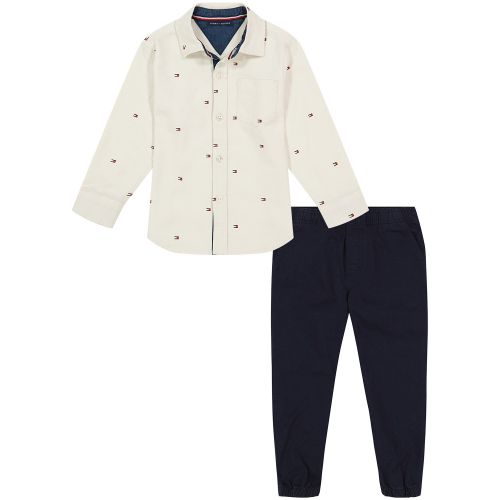 타미힐피거 Baby Boys Flag-Print Twill Long Sleeve Button-Front Shirt and Twill Joggers 2 Piece Set