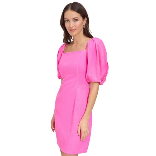 DKNY Womens Puff-Sleeve Linen-Blend Dress