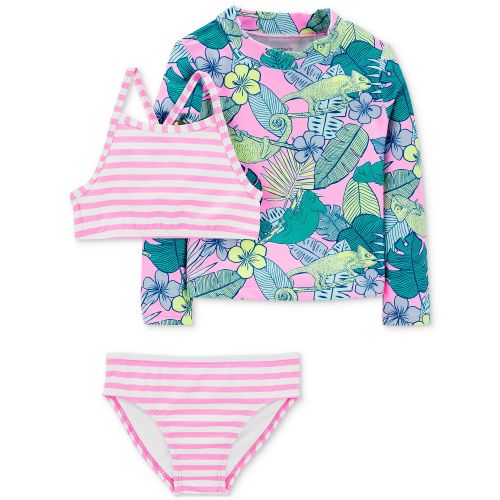카터스 Toddler Girls Tropical Iguana 3-Pc. Rash Guard Swimsuit Set