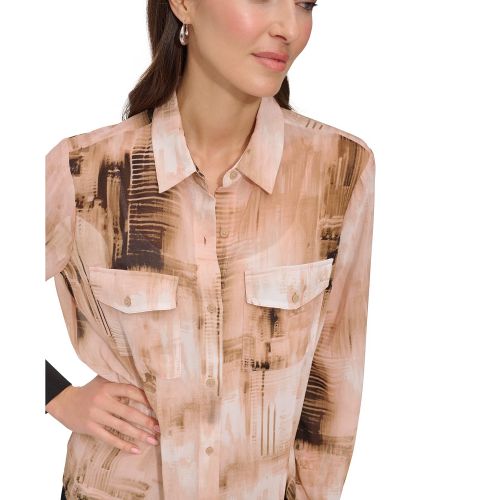 DKNY Womens Printed Chiffon Long-Sleeve Shirt