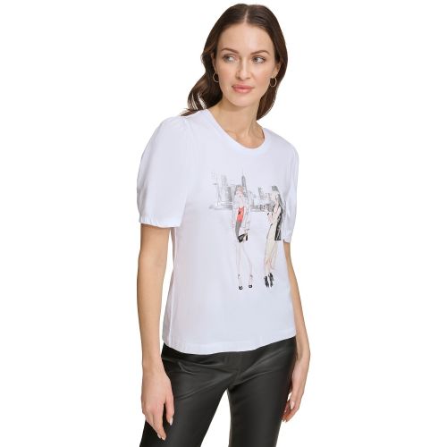 DKNY Womens Graphic Print Puff-Sleeve T-Shirt