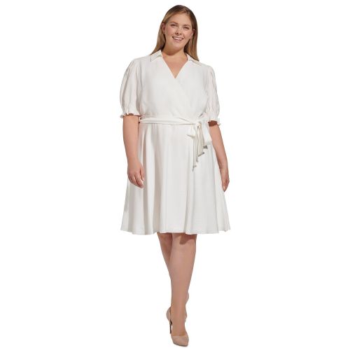DKNY Plus Size Puff-Sleeve Tie-Waist Fit & Flare