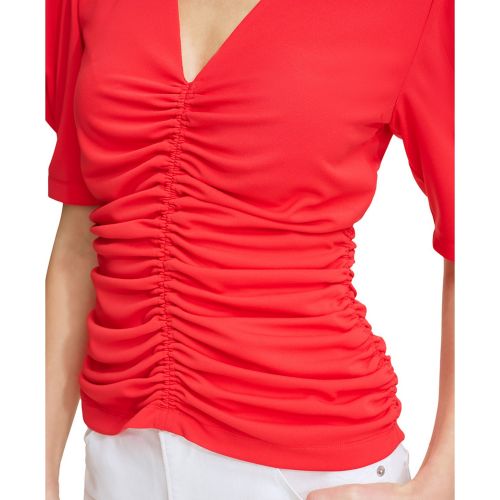 DKNY Womens V-Neck Ruched Knit Elbow-Sleeve Top