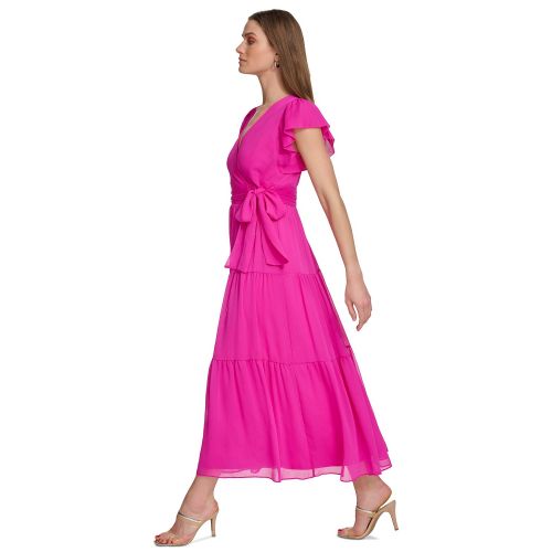 DKNY Womens Faux-Wrap Cap-Sleeve Tiered Midi Dress