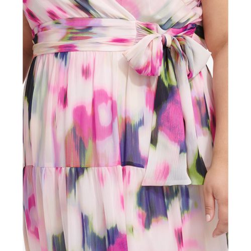 DKNY Plus Size Printed Flutter-Sleeve Chiffon Maxi Dress