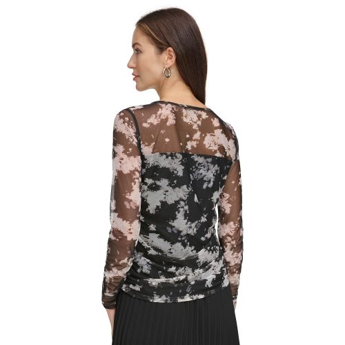 DKNY Womens Printed Mesh Ruched Long-Sleeve Top