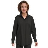 Womens Solid Covered-Placket Long-Sleeve Shirt