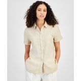 Womens Linen-Blend Short-Sleeve Button-Front Shirt