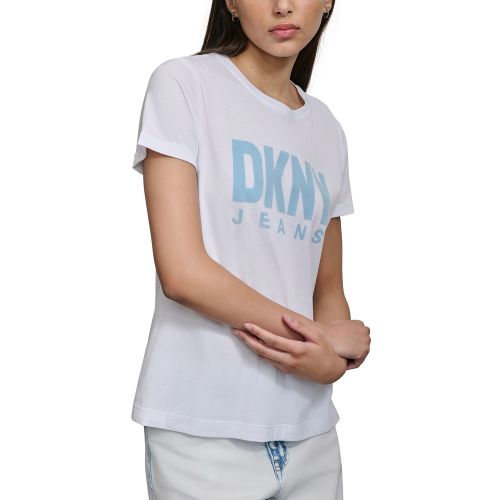 DKNY Womens Flocked-Logo Short-Sleeve Crewneck T-Shirt