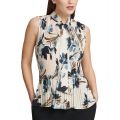 Pleated Floral-Print Sleeveless Blouse