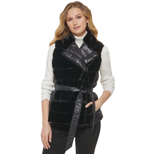 DKNY Womens Faux-Fur Belted Wrap Vest
