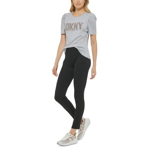 DKNY Womens Sparkle Logo Puff-Sleeve Crewneck T-Shirt