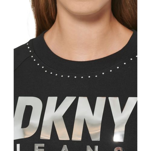 DKNY Womens Studded Crewneck Metallic Logo Sweatshirt