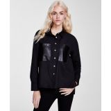 Womens Faux-Leather-Pocket High-Low Shirt