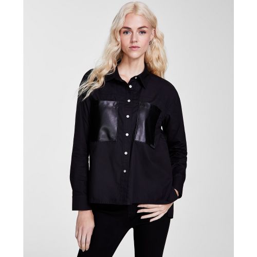 DKNY Womens Faux-Leather-Pocket High-Low Shirt