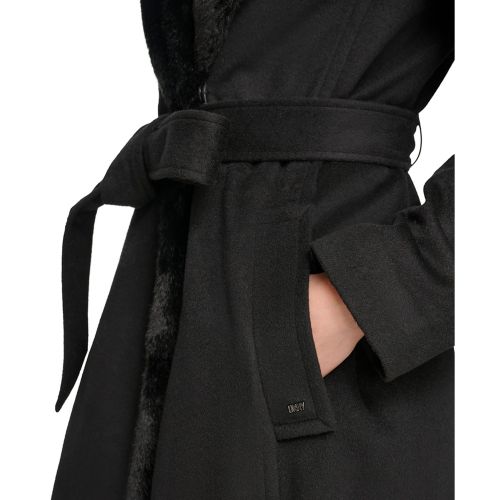 DKNY Womens Faux-Fur-Trim Maxi Wool Blend Wrap Coat
