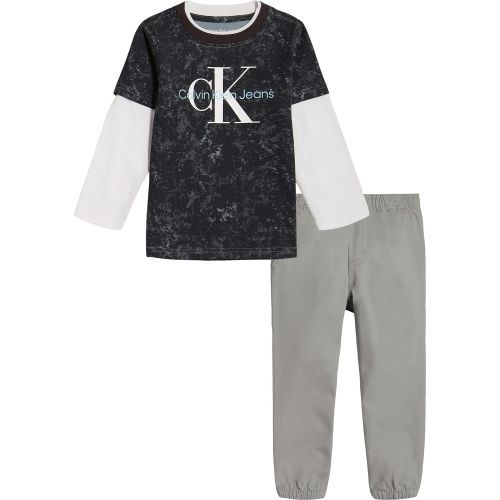  Little Boys Long Sleeve Printed Twofer Logo T-shirt and Twill Joggers 2 Piece Set