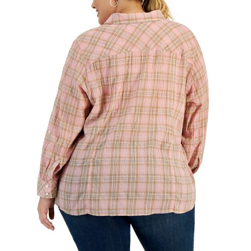 타미힐피거 Plus Size Crinkle Plaid Roll-Tab Shirt