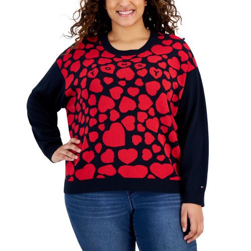 타미힐피거 Plus Size Heart Jacquard Long-Sleeve Sweater