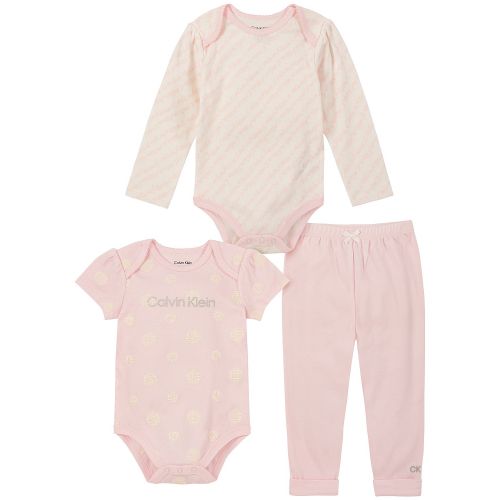  Baby Girls Two Patterned Logo Bodysuits and Solid Joggers 3 Piece Set