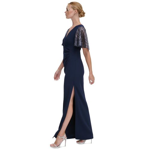 DKNY Womens V-Neck Sequin Flutter-Sleeve Gown