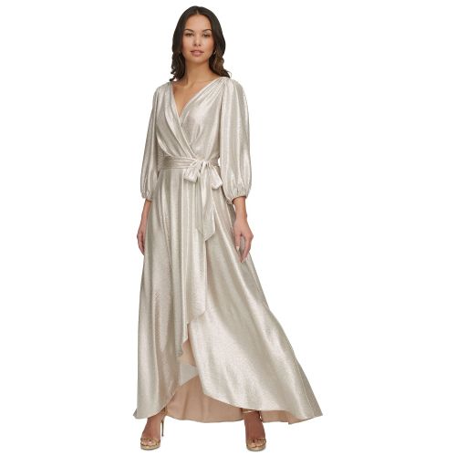 DKNY Womens Metallic Textured Faux-Wrap Gown