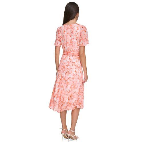 DKNY Womens Floral-Print Tie-Waist Midi Dress
