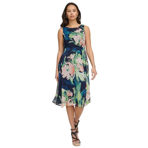 DKNY Petite Printed Boat-Neck Side-Ruched Dress