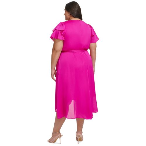DKNY Plus Size Satin Ruffle-Sleeve High-Low Wrap Dress