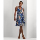 Womens Floral Belted Crepe Sleeveless Dress