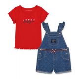 Little Girls Ribbed Logo T-Shirt & Printed Denim Shortall 2 Piece Set