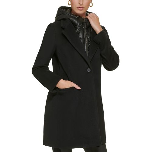 DKNY Womens Hooded Bibbed Mixed-Media Blazer Coat