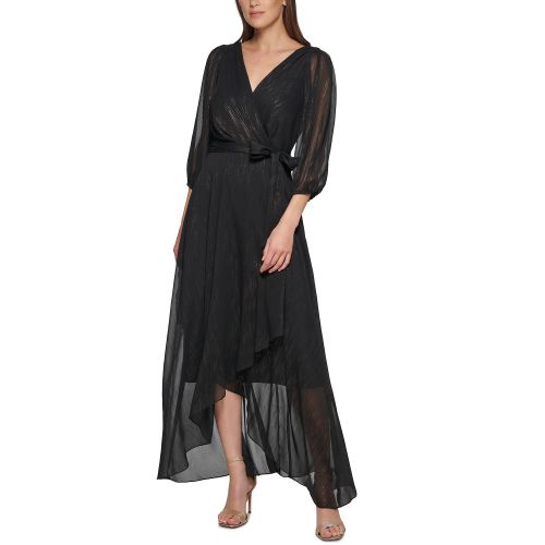 DKNY Womens V-Neck Shiny-Foil Faux-Wrap Gown