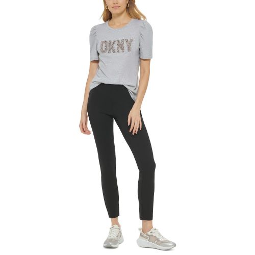 DKNY Womens Sparkle Logo Puff-Sleeve Crewneck T-Shirt