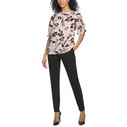DKNY Petite Printed Puff-Sleeve Boat-Neck Blouse