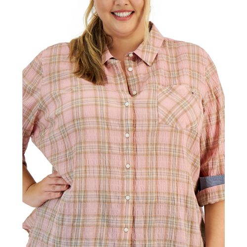 타미힐피거 Plus Size Crinkle Plaid Roll-Tab Shirt